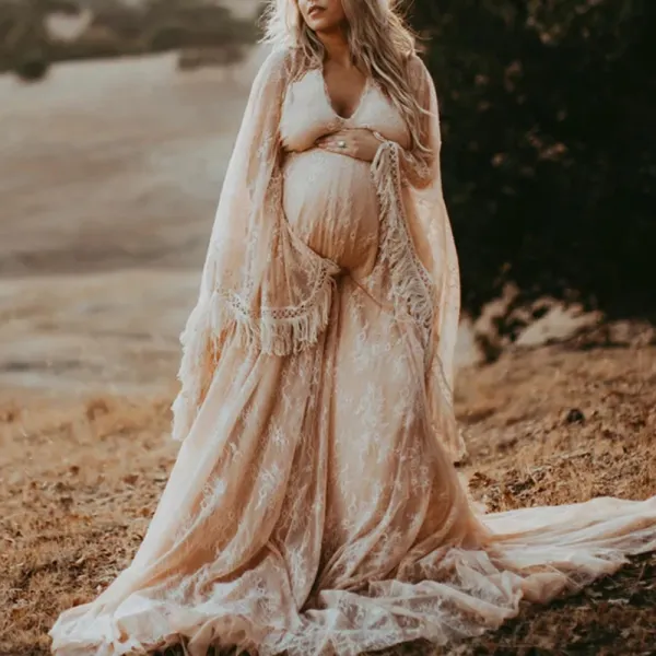 Maternity Off-White Lace Fringe Photoshoot Dress 