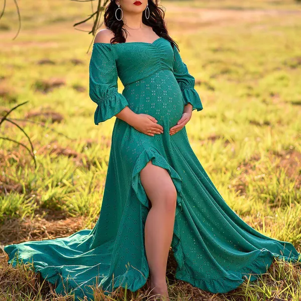 Maternity Green Off Shoulder Photoshoot Dress - Lukalula.com 