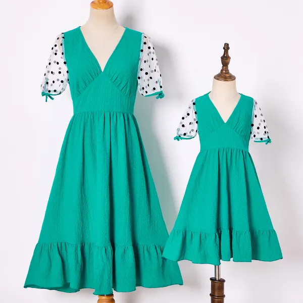 Sweet Polka Dot Green Ruffled Mom Girl Matching Dress Only $23.90 - Lukalula.com 