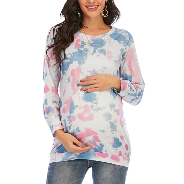 Maternity Tie-Dye Round Neck Long Sleeve Sweatshirt - Lukalula.com 