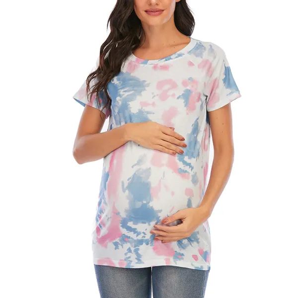 Maternity Tie-Dye Round Neck Short Sleeve T-Shirt - Lukalula.com 
