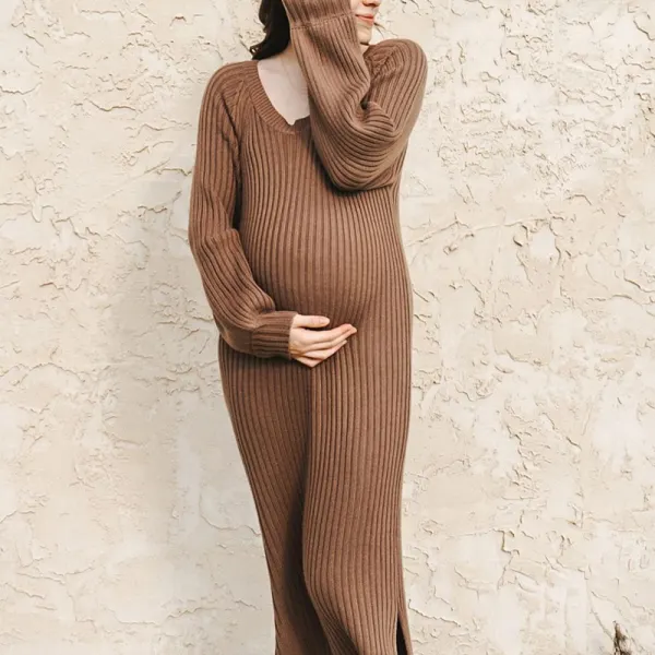 Maternity V-neck Knitted Long Sleeve Maxi Dress - Lukalula.com 