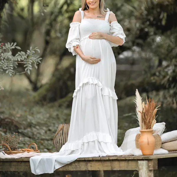 Maternity White Sling Photoshoot Dress With Sleeve Baby Shower Dress - Lukalula.com 