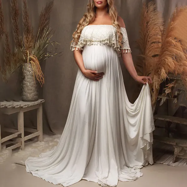 Maternity White Lace Ruffle Off-the-Shoulder Photoshoot Dress - Lukalula.com 