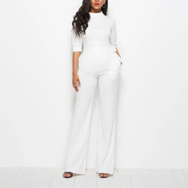 Maternity Solid Color Five-Sleeve Stand Collar Jumpsuit - Lukalula.com 