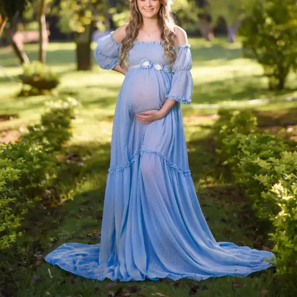 Maternity Blue Sheer Chiffon Off Shoulder Photoshoot Dress (belt Not Included) Only $76.29 - Lukalula.com 