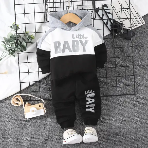 【3M-24M】Unisex Baby Casual Letter Print Colorblock Hooded Sweatshirt And Pants Set - Lukalula.com 