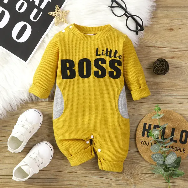【0M-18M】Baby Boy Cute Letter Print Colorblock Long Sleeve Romper - Popopieshop.com 