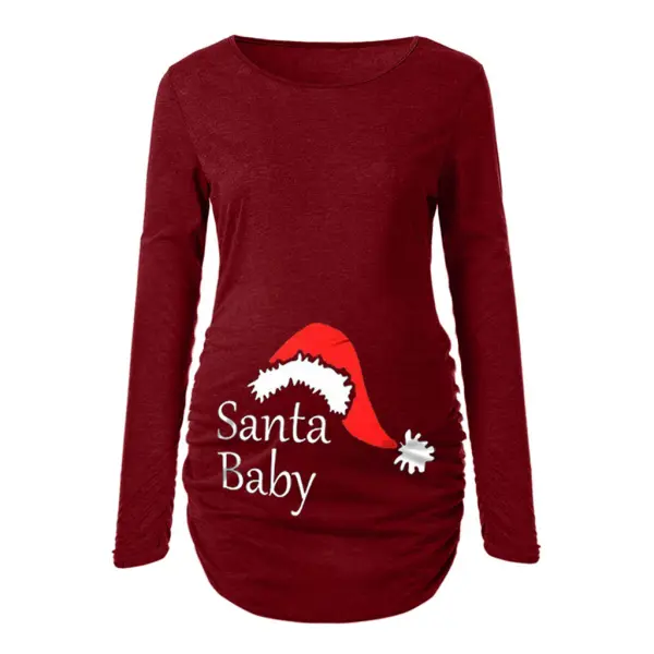 Maternity Christmas Print Pleated Long Sleeve Top - Lukalula.com 