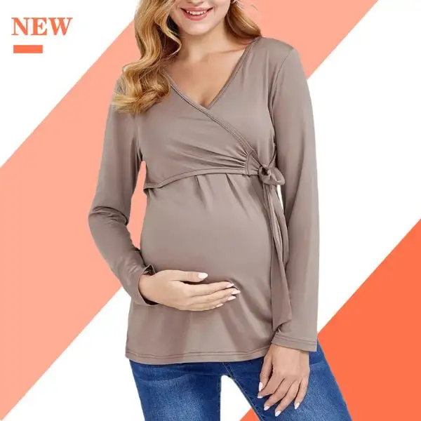 Maternity Solid Color Breastfeeding V Neck Long Sleeve - Lukalula.com 