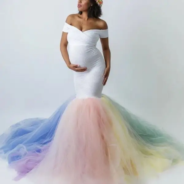 Maternity Lace Stitching Rainbow Mesh Trailing Short-sleeved Dress Long Dress Photography Trailing Dress - Lukalula.com 