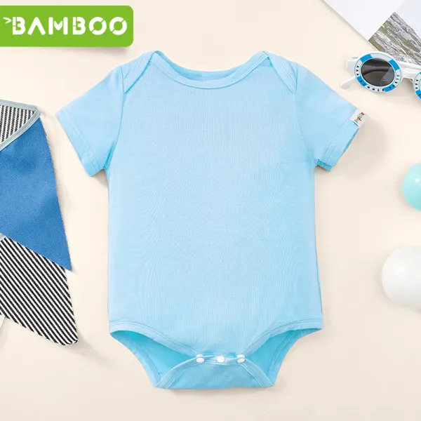 【0M-24M】Unisex Baby Onesies Soft Bamboo Antibacterial Solid Color Short Sleeve Romper - Popopieshop.com 