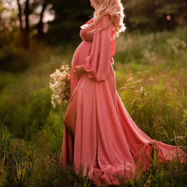 Maternity Pink V-Neck Long Sleeve Photoshoot Dress 