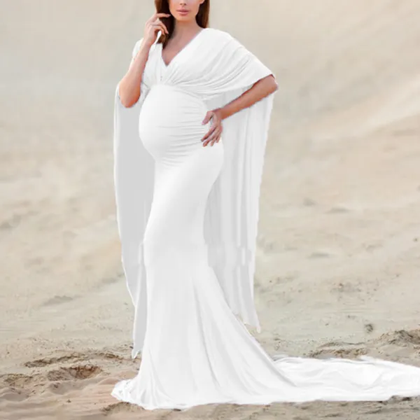 V-neck Maternity Photoshoot Dress Floor Mopping Cape Long Dress - Lukalula.com 