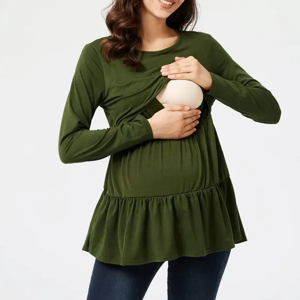 Green Round Neck Long Sleeve Maternity Breastfeeding Top - Lukalula.com 