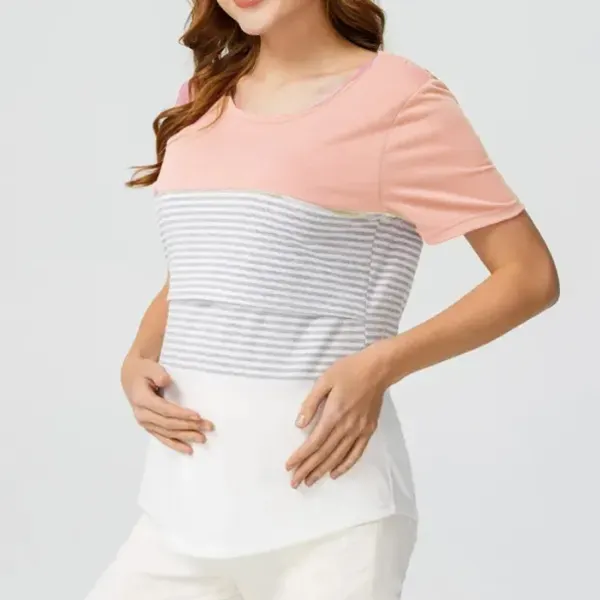 Maternity Casual Round Neck Short Sleeve Block Breastfeeding Top - Lukalula.com 