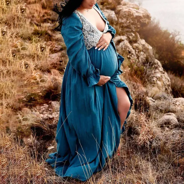 Maternity Cotton Blue Lace Ruffle Backless Long Sleeve Photoshoot Dress - Lukalula.com 