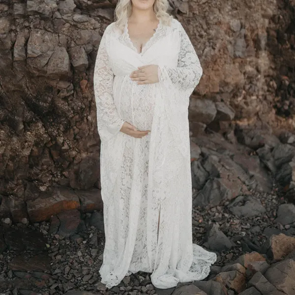Maternity Loose Lace Long Sleeve Maternity Photography Maxi Dress - Lukalula.com 