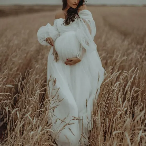 Maternity White Mesh Puff Sleeve Off-Shoulder Photoshoot Dress 