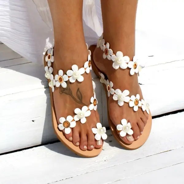 Maternity Fashion White Flowers Boho Style Flat Sandals - Lukalula.com 