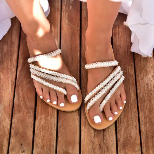 Maternity Fashion White Lace And Pearls Boho Style Flat Sandals - Lukalula.com 