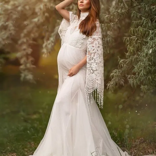 Maternity White Lace and Mesh Photoshoot Dress | Stylish Outfit for Photoshoots 