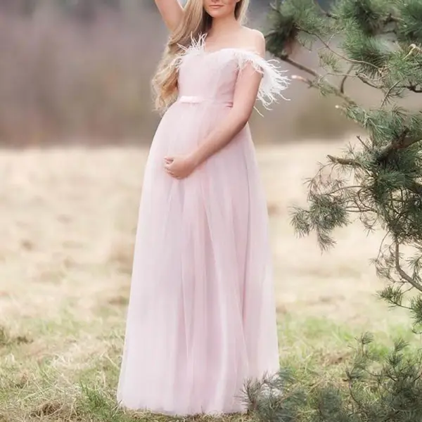 Maternity Pink Off Shoulder Photoshoot Dress - Lukalula.com 