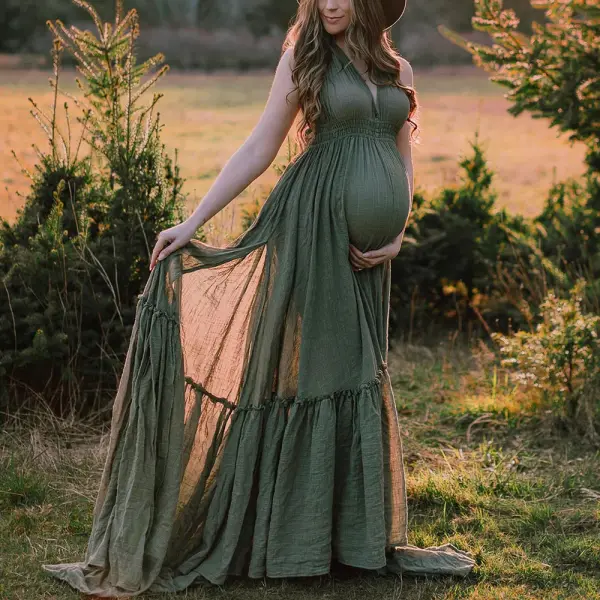 Maternity Cotton Green V-Neck Backless Sleeveless Photoshoot Dress - Lukalula.com 
