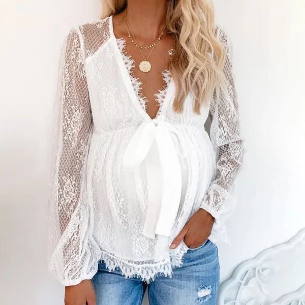 Buy Maternity White Lace V-neck Long Sleeve Top Online 