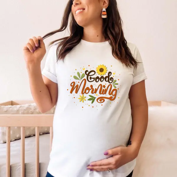 Maternity Cotton Stain Resistant Letters Flowers Print Short Sleeve Tee - Lukalula.com 