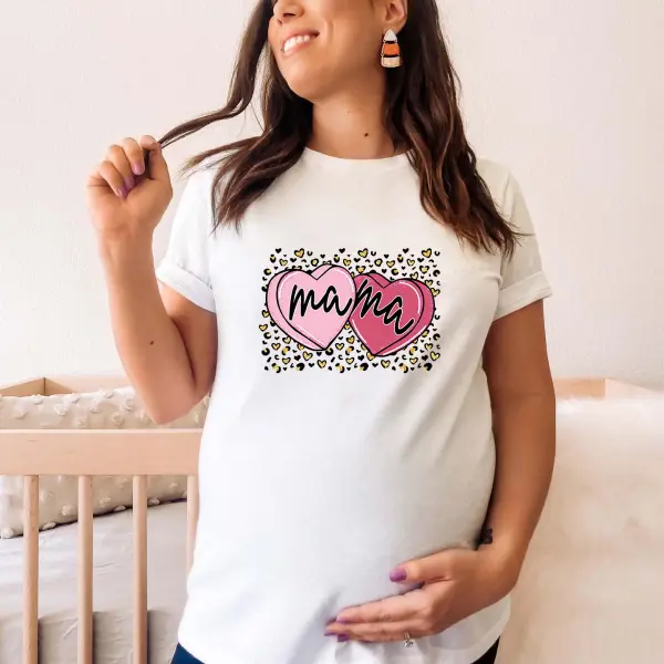 Maternity Cotton Stain Resistant Hearts Letters Print Short Sleeve Tee - Lukalula.com 