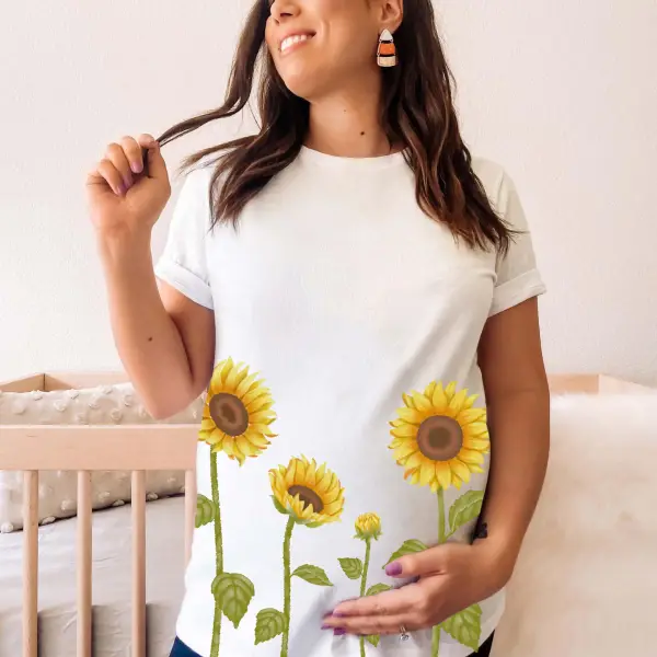 Maternity Cotton Stain Resistant Sunflower Print Short Sleeve Tee - Lukalula.com 