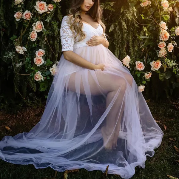 Maternity Lace Short Sleeve Photography Dress - Lukalula.com 