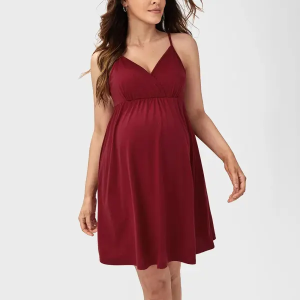 Maternity Red V-neck Sling Dress - Lukalula.com 