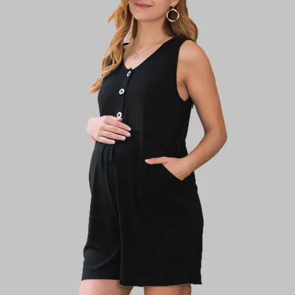 Maternity Plus Size Breastfeeding Solid Color Sleeveless Overalls - Lukalula.com 