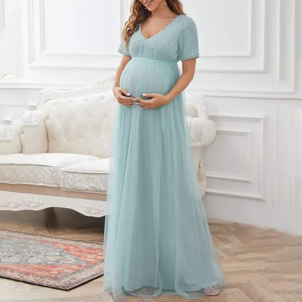 Maternity V-neck Blue Mesh Short Sleeve Photoshooot Dress - Lukalula.com 