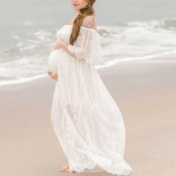 Maternity White Lace Off-shoulder Photoshoot Baby Shower Dress - Lukalula.com 