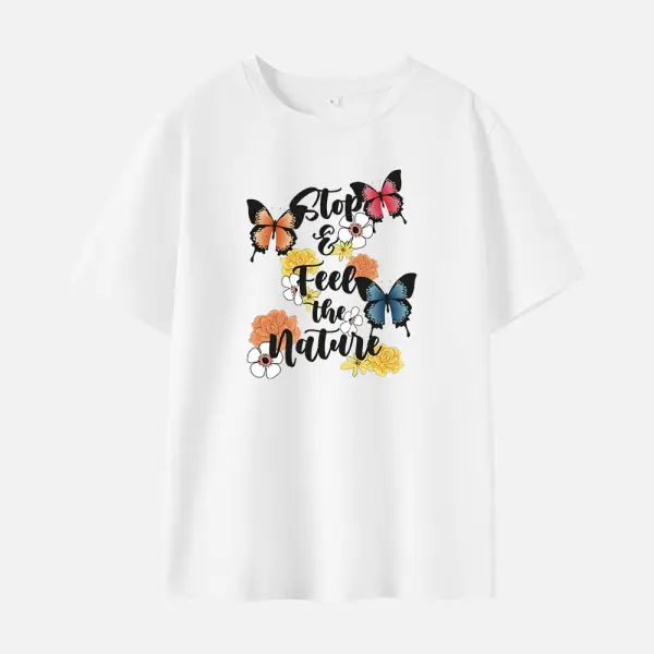 Women Cotton Stain Resistant Butterfly Print Short Sleeve Tee - Popopieshop.com 