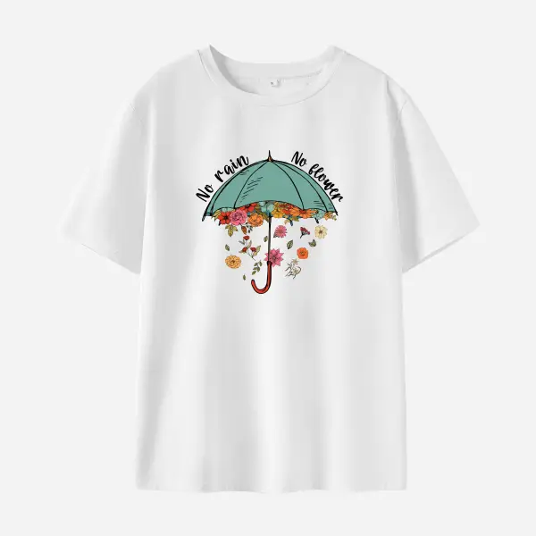 Woman Cotton Stain Resistant Umbrellas And Flowers And Letter Print Short Sleeve T-Shirt - Lukalula.com 