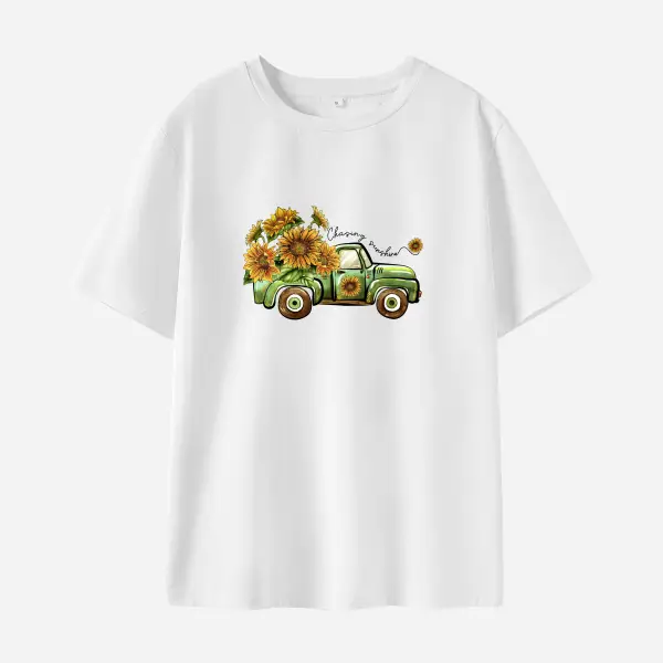 Woman Cotton Stain Resistant Flowers And Cars Print Short Sleeve T-Shirt - Lukalula.com 