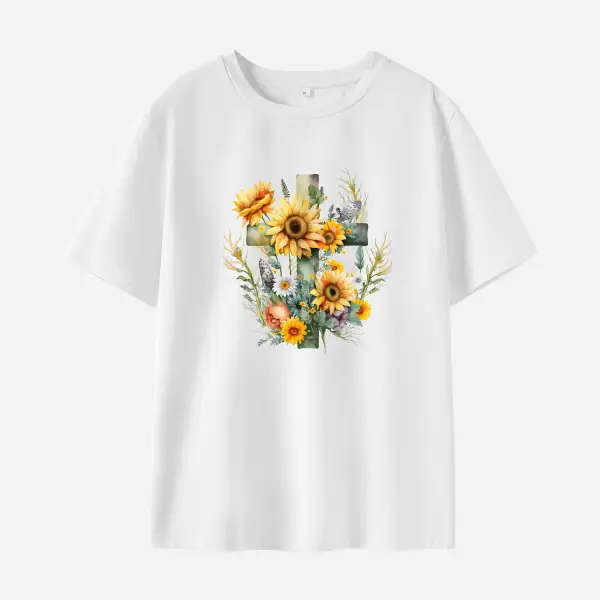 Woman Cotton Stain Resistant Flowers Print Short Sleeve T-Shirt - Lukalula.com 