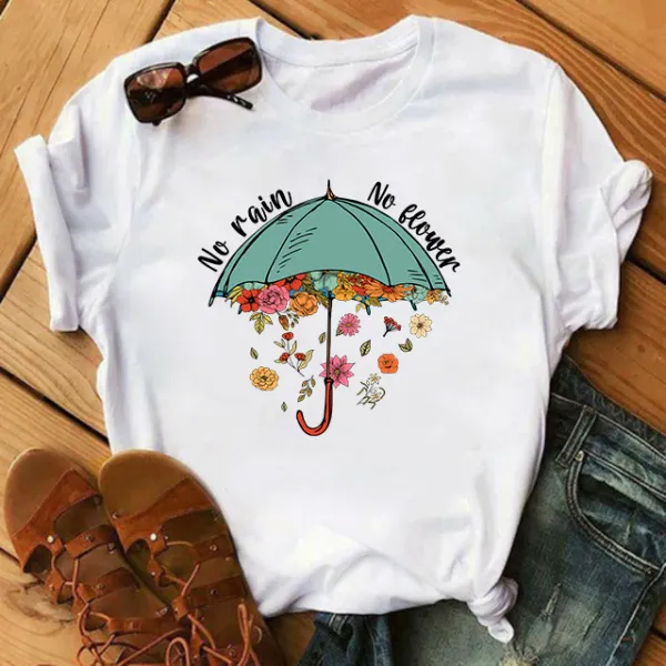 Woman Cotton Stain Resistant Umbrellas And Flowers And Letter Print Short Sleeve T-shirt - Popopieshop.com 