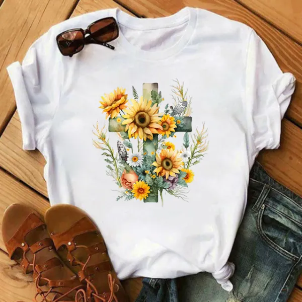 Woman Cotton Stain Resistant Flowers Print Short Sleeve T-shirt - Popopieshop.com 