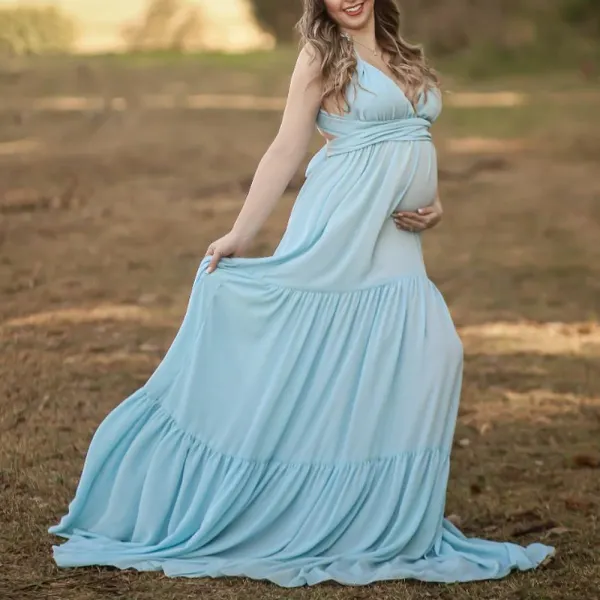Maternity Light Blue V-Neck Sleeveless Backless Photoshoot Dress - Lukalula.com 