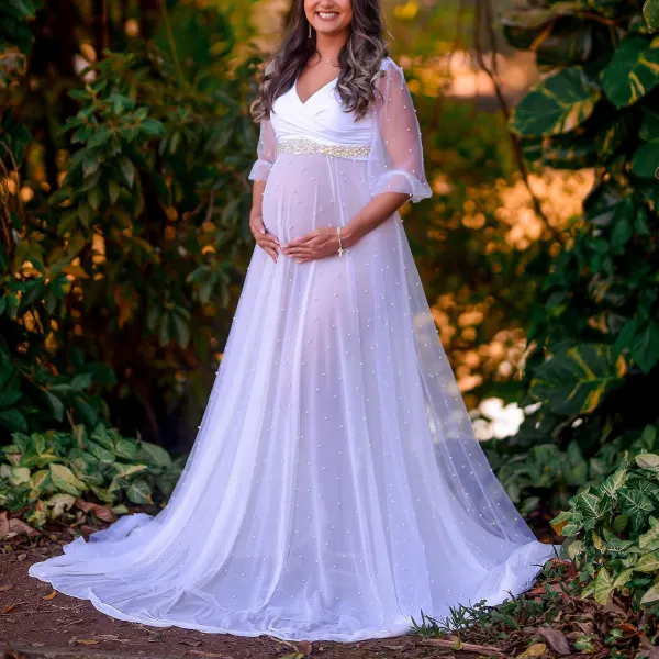 Maternity Elegant White Pearl Decoration Mesh Sheer Tulle Photoshoot Dress (underwear And Belt Not Included) - Lukalula.com 