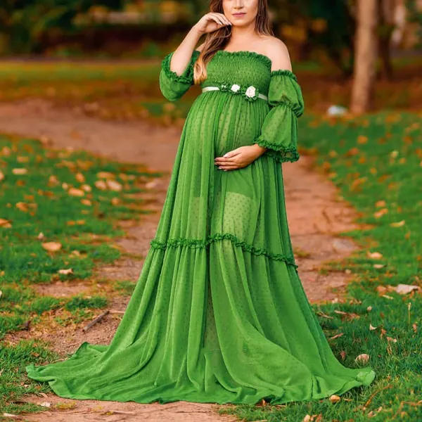 Maternity Elegant Green Polka Dot Mesh Off Shoulder Sheer Tulle Photoshoot Dress (belt And Underwear Not Included) - Lukalula.com 