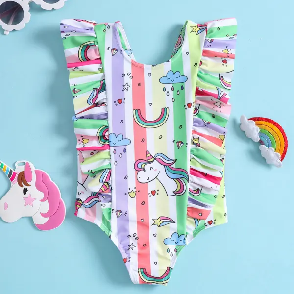 【12M-5Y】 Girls Casual Rainbow And Unicorn Print Ruffle One Piece Swimsuit - Lukalula.com 