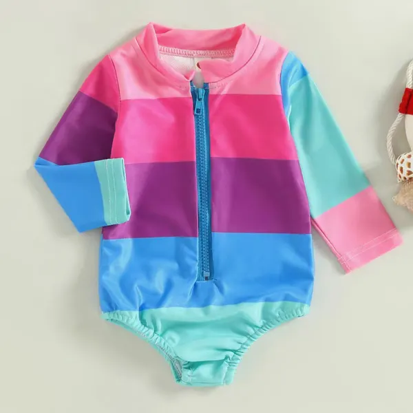 【18M-7Y】Girl Cute Vacation Rainbow Stripes Heart Shaped Fish Scale Flamingo Print Long Sleeve One-Piece Swimsuit - Lukalula.com 