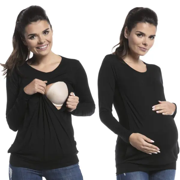 Maternity Round Neck Breastfeeding Long Sleeve T-Shirt Top - Lukalula.com 