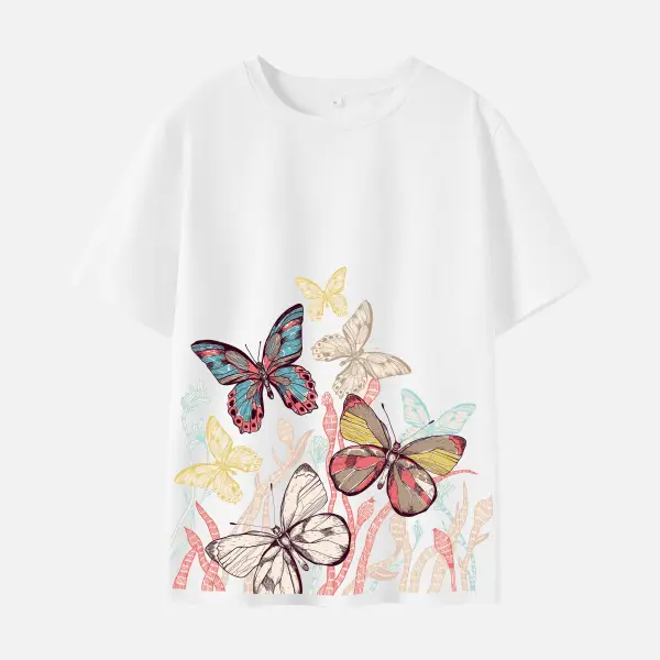 Women Cotton Stain Resistant Butterfly Print Short Sleeve T-shirt - Lukalula.com 
